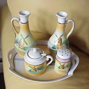 VTG 50s TT Takito 5 pc Condiment Tray Set- Hand Painted - Windmill Made in Japan